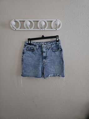 Good American Light Blue Distressed High-Rise Denim Shorts